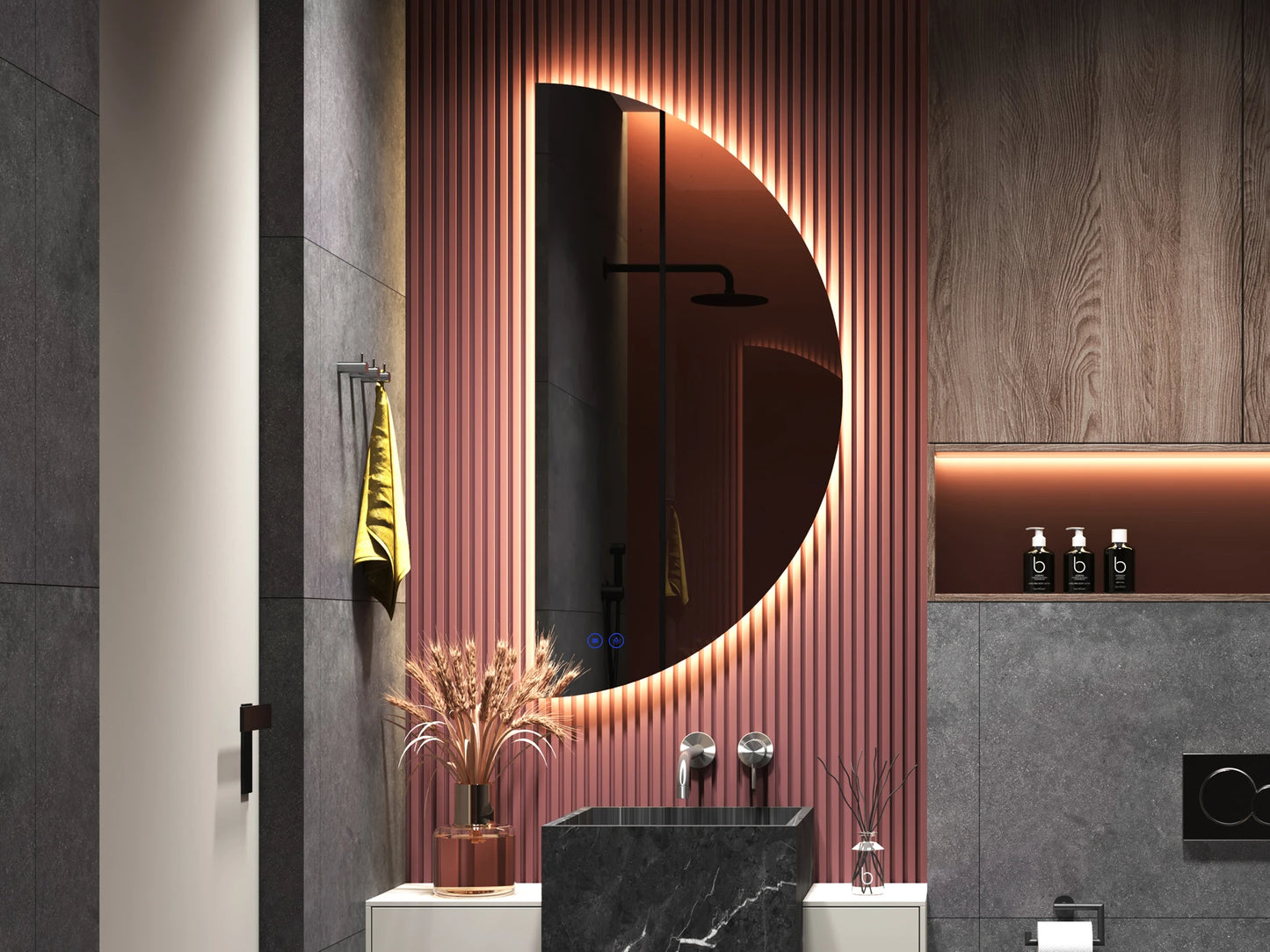 Jill Rechts | LED Badkamerspiegel – Halfrond Design met Verwarming, Touchbediening & Indirect Licht – 40 cm tot 80 cm breed