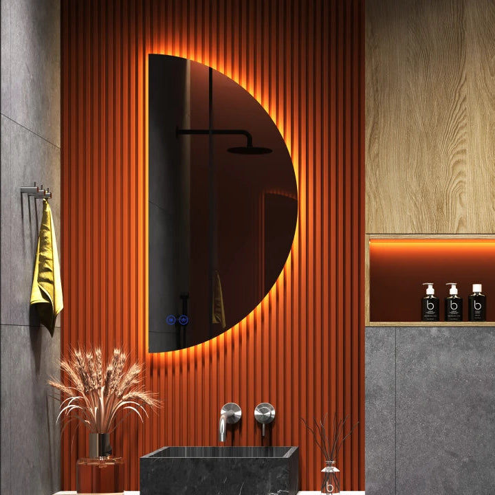 Jill Rechts | LED Badkamerspiegel – Halfrond Design met Verwarming, Touchbediening & Indirect Licht – 40 cm tot 80 cm breed