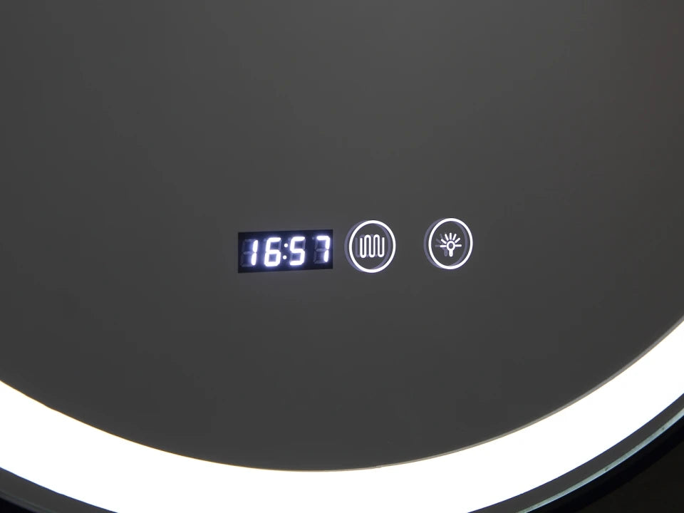 Digitale klok Badkamerspiegel Julia – Rond – Mat Zwart – LED Verlichting & Verwarming – 50 - 120 cm