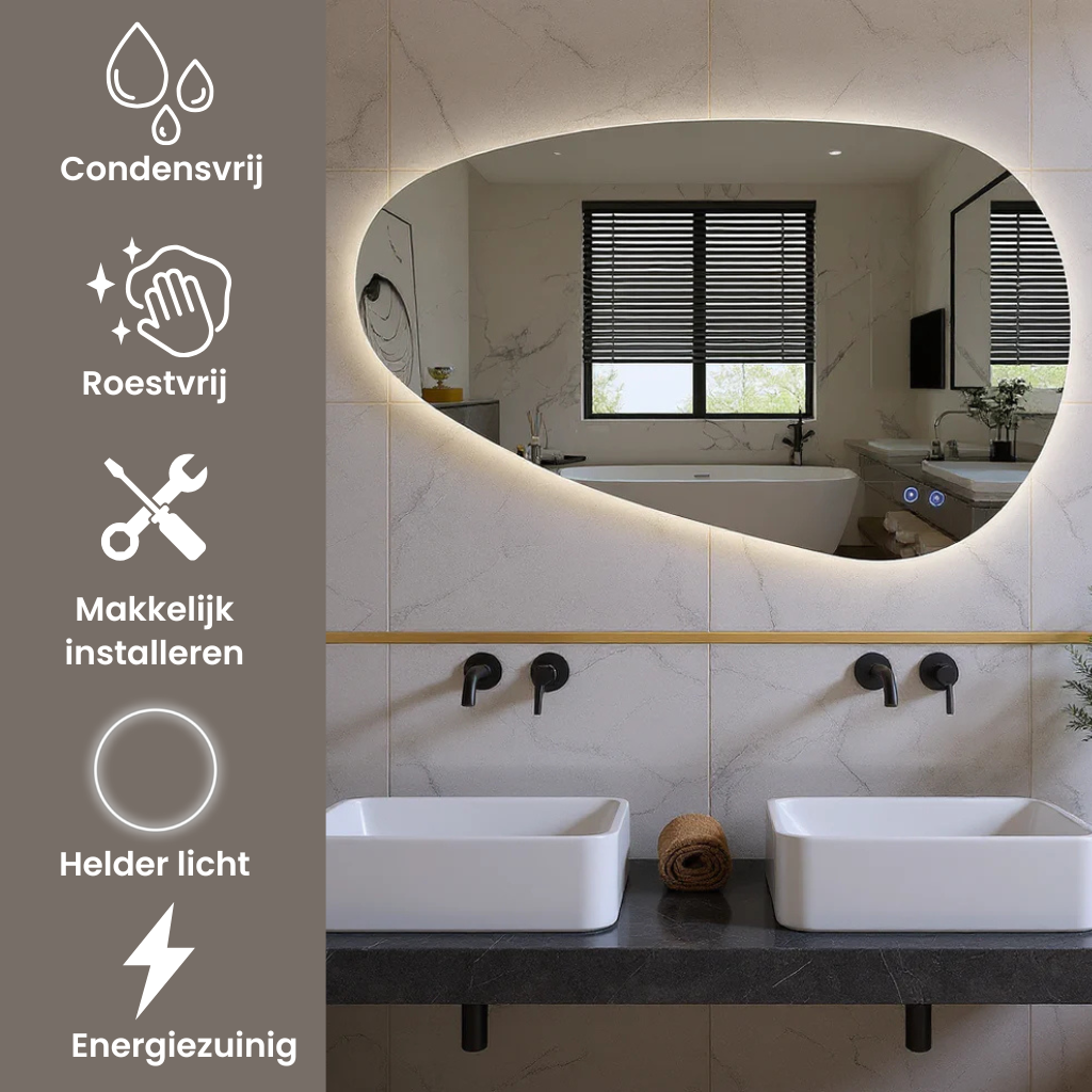 Darla Rechts | LED Badkamerspiegel – Organisch Design met Verwarming & Touchbediening – 80cm tot 180 cm breed