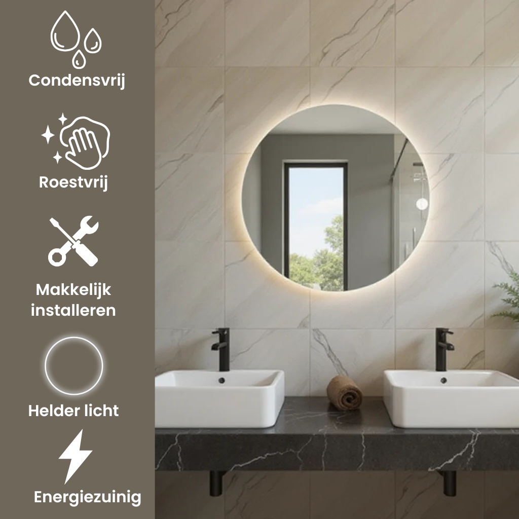 Ivy | LED Badkamerspiegel Rond Design met Verwarming & Touchbediening – 80cm tot 120 cm diameter