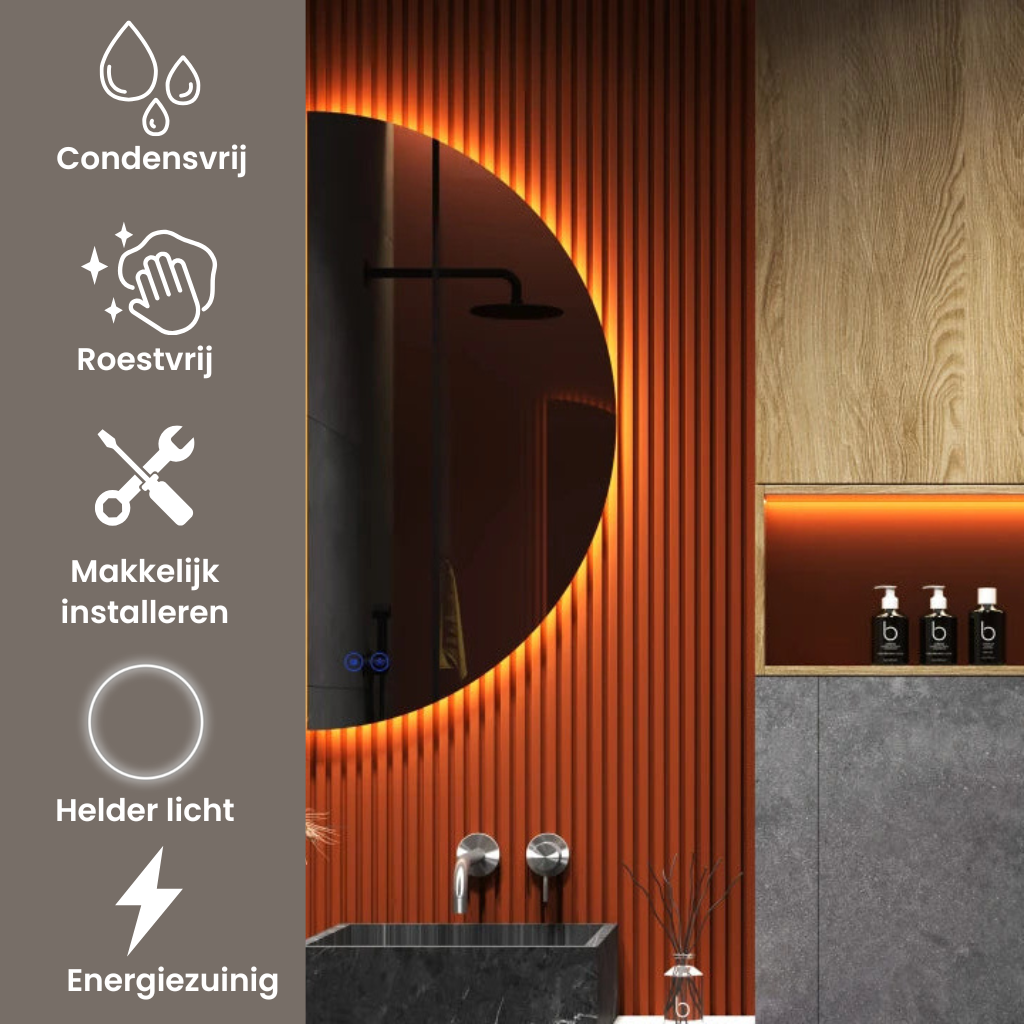 Jill Rechts | LED Badkamerspiegel – Halfrond Design met Verwarming, Touchbediening & Indirect Licht – 40 cm tot 80 cm breed