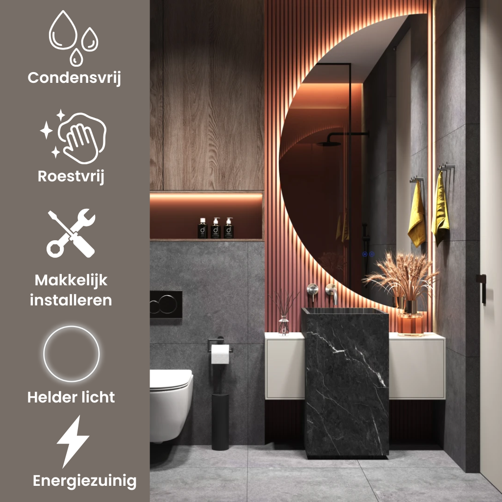 Jill Links | LED Badkamerspiegel – Halfrond Design met Verwarming, Touchbediening & Indirect Licht – 40 cm tot 80 cm breed