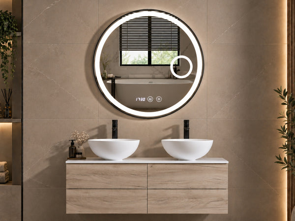 Digitale klok Badkamerspiegel Julia – Rond – Mat Zwart – LED Verlichting & Verwarming – 50 - 120 cm