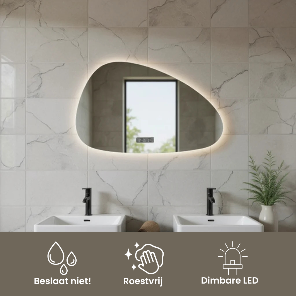 Tess | LED Badkamerspiegel – Organisch Design met Klok, Verwarming & Touchbediening - 80cm tot 180cm  breed