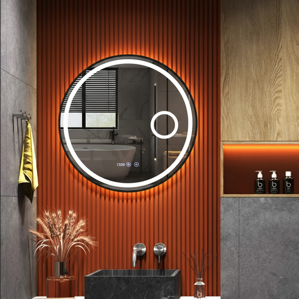 Digitale klok Badkamerspiegel Julia – Rond – Mat Zwart – LED Verlichting & Verwarming – 50 - 120 cm