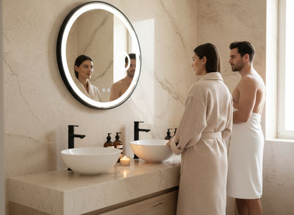 Digitale klok Badkamerspiegel Julia – Rond – Mat Zwart – LED Verlichting & Verwarming – 50 - 120 cm