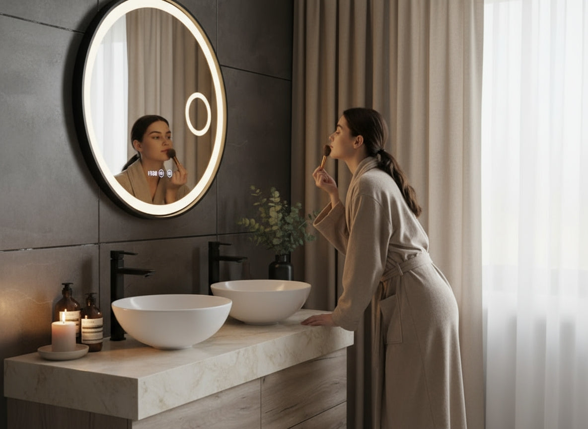 Digitale klok Badkamerspiegel Julia – Rond – Mat Zwart – LED Verlichting & Verwarming – 50 - 120 cm