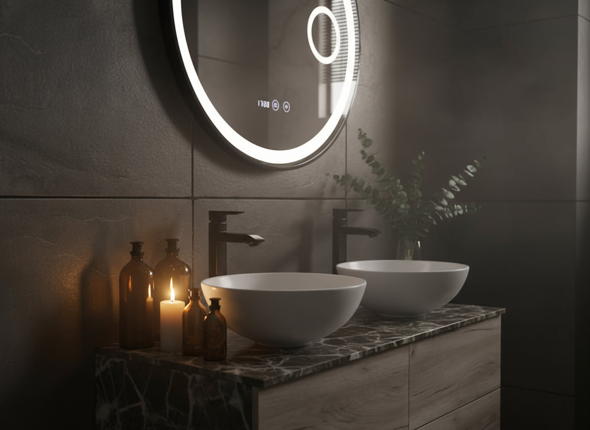 Digitale klok Badkamerspiegel Julia – Rond – Mat Zwart – LED Verlichting & Verwarming – 50 - 120 cm