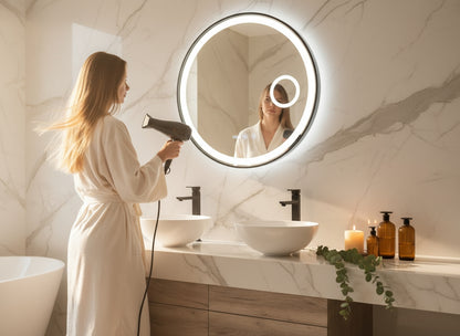 Digitale klok Badkamerspiegel Julia – Rond – Mat Zwart – LED Verlichting & Verwarming – 50 - 120 cm