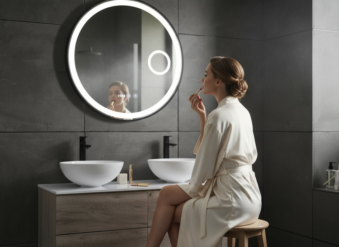 Digitale klok Badkamerspiegel Julia – Rond – Mat Zwart – LED Verlichting & Verwarming – 50 - 120 cm