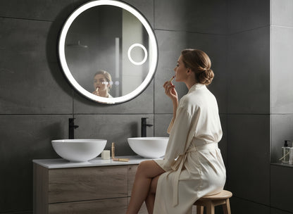Digitale klok Badkamerspiegel Julia – Rond – Mat Zwart – LED Verlichting & Verwarming – 50 - 120 cm